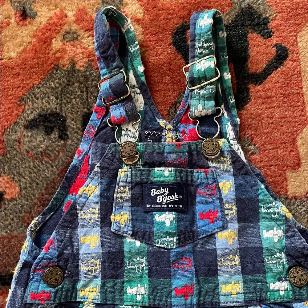 Vintage Baby OshKosh B'gosh Boys Retro Striped Plaid Airplane Overalls 24M